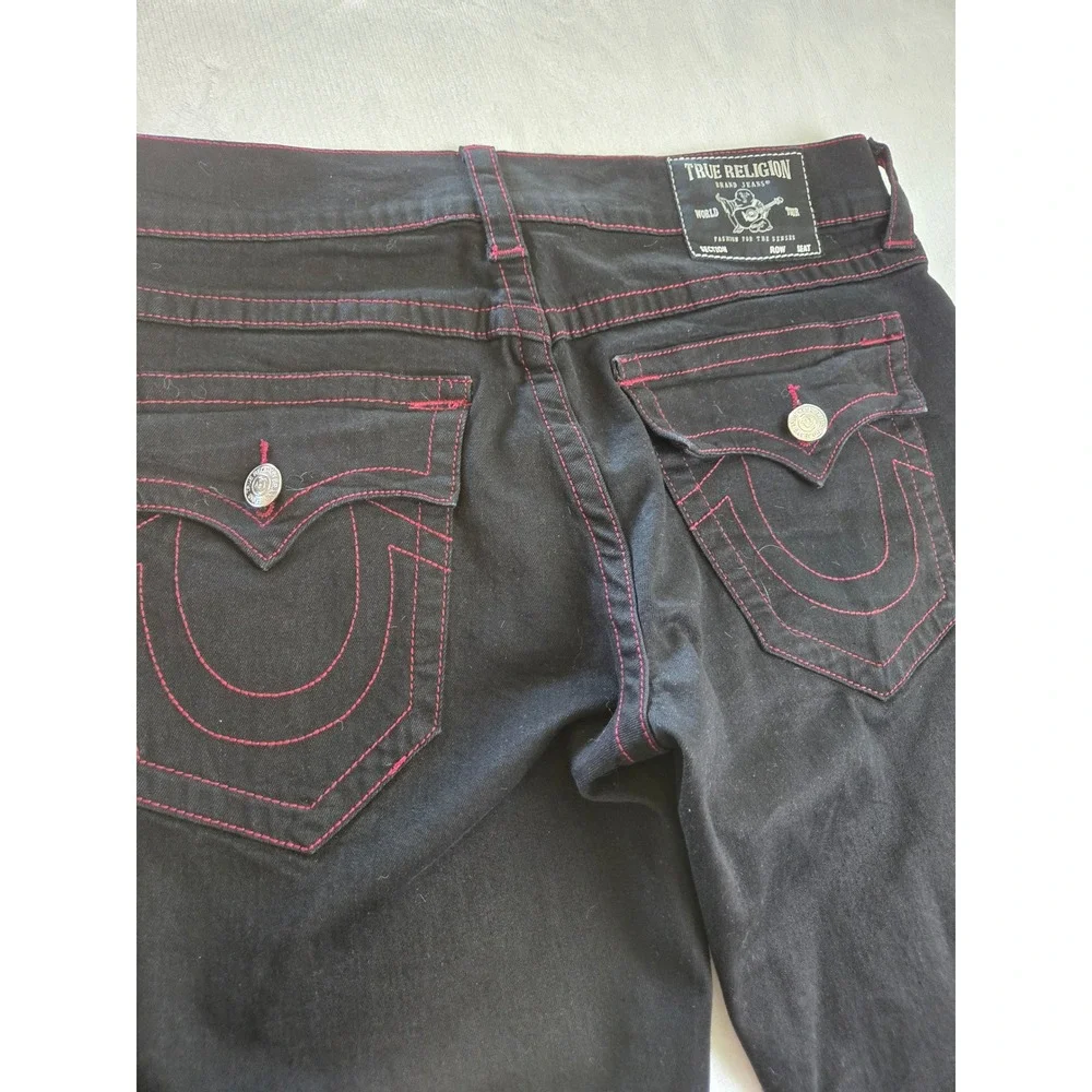 True Religion Ricky Relaxed Straight Black Jeans Red‎ Contrast Stitch Mens 36